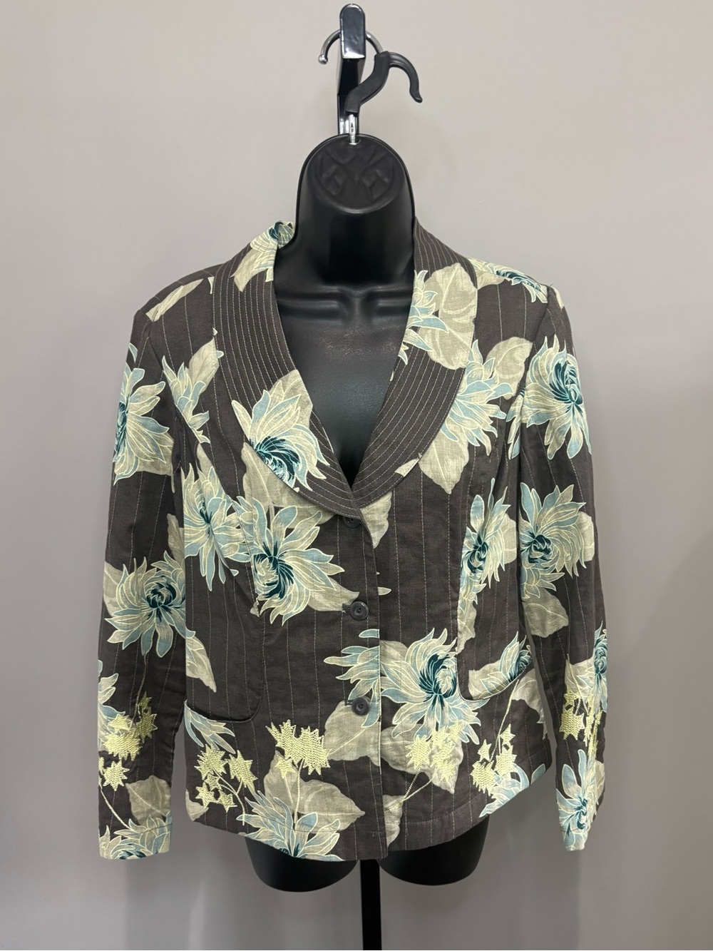 Coldwater Creek Gray and Teal Floral Tailored Three Button Casual Blazer Sz Smal